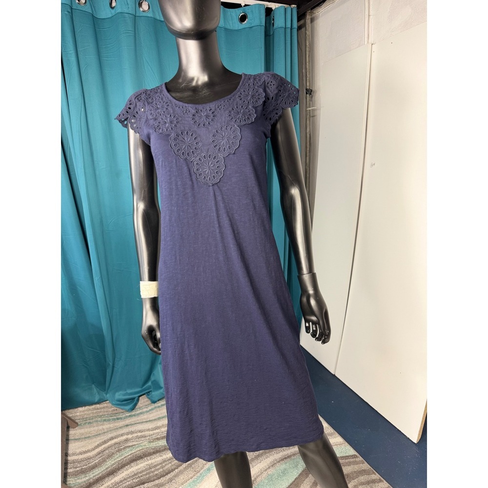 Talbots XS Navy Blue Cotton Knit Dress Eyelet Embroidered Cap Sleeve Casual‎
